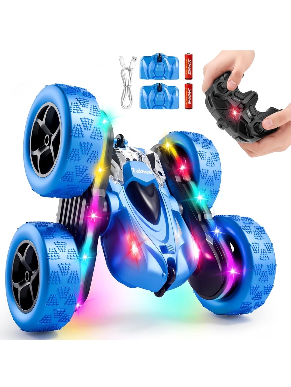 NEW Zalneo Blue 4WD 360° Flip RC Stunt Car LED Lights Remote Control